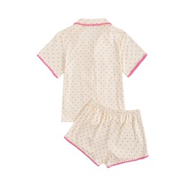 Verdusa Women's 2 Piece Pajama Sets Cute Pj Set Button Up Short Sleeve Top and Short Sleepwear Lounge Sets Beige Medium