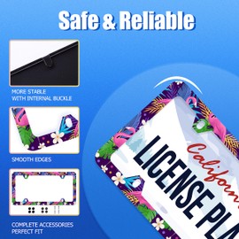 Flamingo Flower Palm Trees License Plate Frame Stainless Steel Auto Parts Colorful Tropical License Plate Decorative with Screws Size 12.3" x 6.3"