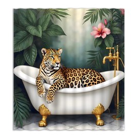 JEJOMEAG Leopard Cheetah Shower Curtain Wildlife in Bathtub Funny Animals Powerful Big Cat Fabric Bathroom Decor Curtain with Hooks, 70Wx70H