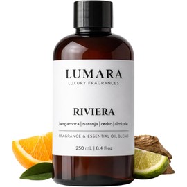 LUMARA Aceite Aromático para Difusor Inspirado en hotel Xcaret Aroma Cítrico Amaderado con Bergamota, Lavanda, Naranja, Cedro, Almizcle, Pachuli y Sándalo Para Microdifusión en Seco, Humidificador y Ultrasónico 250 ml