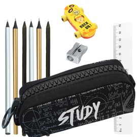 FAMU Land Unicorn Pencil Case Gift for Girls 6 7 8 9 Years Stationery Set with Pencils Rubber and Ballpoint Pens Large Zipper Large Capacity Original, pink, STUDY Black