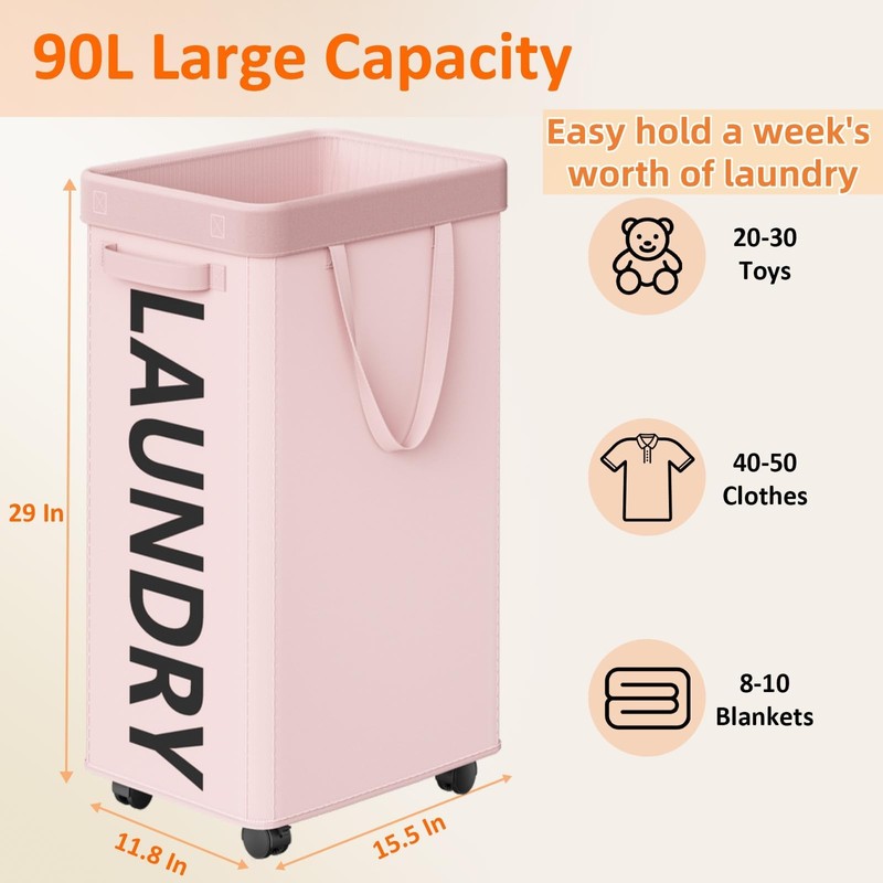 Optish Pink Laundry Basket with Wheels, Dorm Room Essentials Girl,