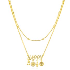 Layered Gold Happy Smiley Face Necklace for Women 14K Gold Plated HAPPY Letter Pendant Necklace with Cute Smiley Face Music Note Charm Gold Ball Beads Choker Adjustable Preppy Jewelry Gift for Women,