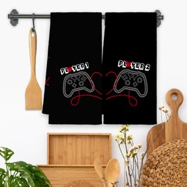 Xmsaitar Black Couple Game Gaming Valentines Day Kitchen Towels Set of 2, Player1 Player2 Couple Hand Towels Gifts for Bathroom Gamers Boyfriend,Couple Decorative Dish Towels Decor for Kitchen 16x24in