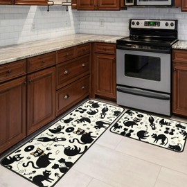 Mofvugz Cat Kitchen Rugs and Mats Non-Skid Washable for Floor, Black Farmhouse Cat Kitchen Decor and Accessories Kitchen Mat Set of 2, 17"x30"+17"x47"