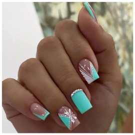 Blue Press on Nails Short | Medium Glossy Nude Fake Nails French Tip False Nails with White Flower Rhinestones Novel Designs Glue on Nails Artificial Acrylic Nails Office Home Square Stick on Nails for Women Girls