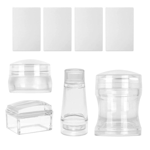 Freeorr 4 Different Clear Silicone French Nail Art Stamper Set With 4 Scrapers, Round Rectangular Double Head Transparent Visible Body Jelly Stamping for Nail Art Manicure