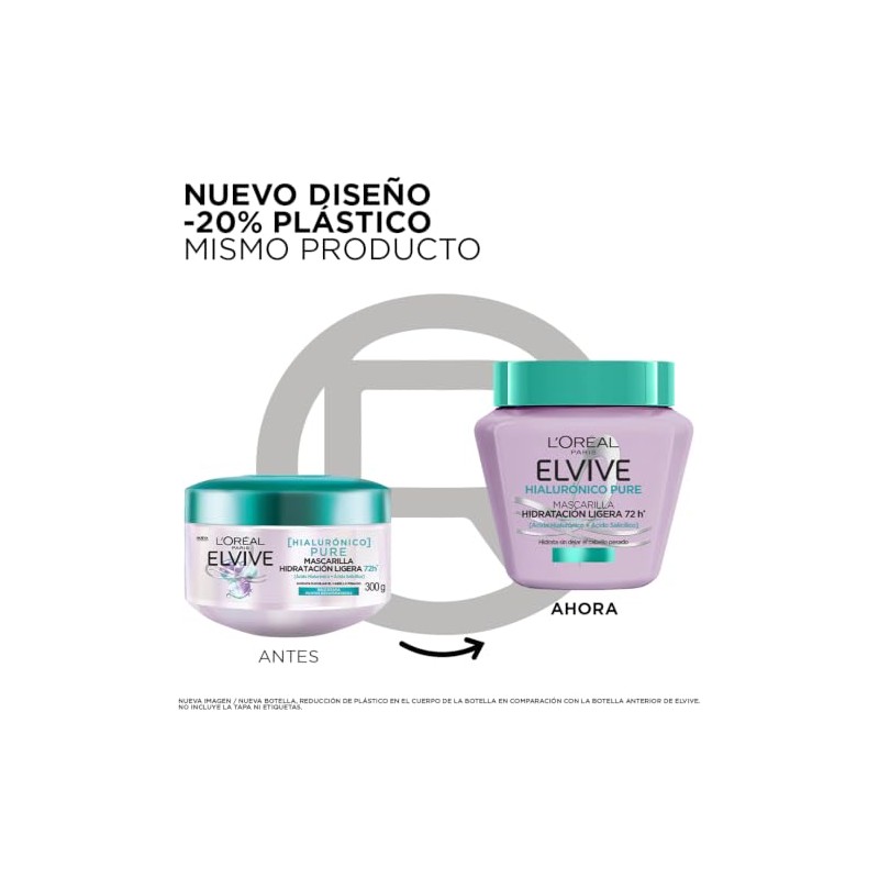 LOreal Paris, Elvive Mascarilla Hialurónico Pure Hidratacion Ligera 72H Con