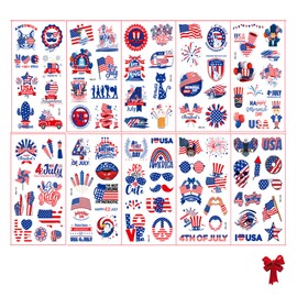 Fourth of July Temporary Tattoos,American Flag Red White and Blue Fake Tattoo Stickers,USA Independence Day Tattoo Stickers, Party in the USA Memorial Independence Labor Day Makeup (10PCS)