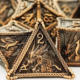 MJDICEOK Metal Dragon Dice Set DND 7 Set Dice Role Playing Dice D&D Dungeons and Dragons (Ancient Red Copper)
