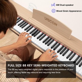 UISCOM 88 Key Digital Piano Keyboard for Beginners,Full Size Electric Piano Semi-Weighted Keyboard with Sheet Music Stand,Pedal,Headphone,Power Adapter,USB-MIDI Compatibility,Wood Grain Brown