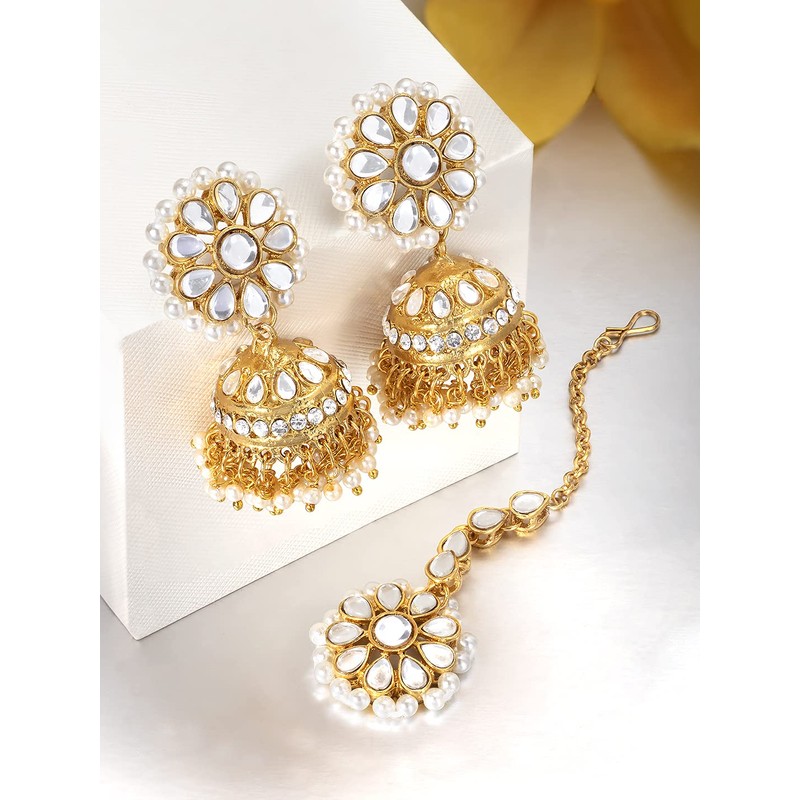 Aheli Kundan Pearl Jhumki Pendientes con Maang Tikka Indian Traditional