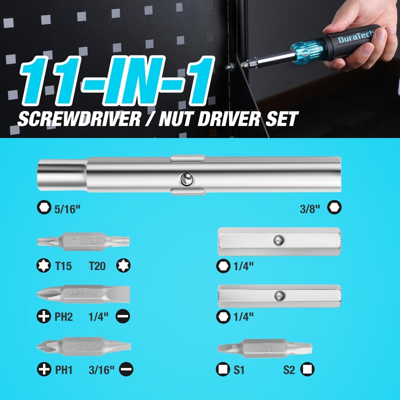 DURATECH Screwdriver, Multi Bit 11-in-1 Screw Driver & Nut Driver