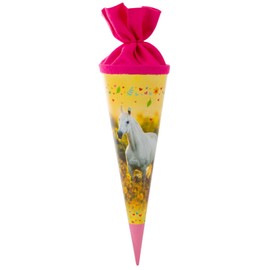goldbuch 93 117 Chiara Sibling Bag, School Cone in Yellow with Horse Motif, Length 35 cm, Diameter 11.5 cm, Sugar Bag for Boys and Girls, Gift Bag Made of Lacquer Cardboard with Felt Closure