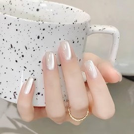 ALLEVG Nail Tips, Set of 30, White Moon, Magnetic Type, Fake Nails, Cat Eye Stone, Glossy, Japanese Style, Cute, Simple, Nail Tip, Short, Popular, Fake Nails, Short, Cute, Spring, Summer, Autumn, Winter