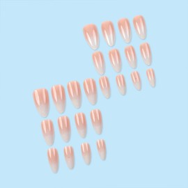 Medium Fake Nails Almond Shaped Press on Nails French Tip Acrylic White Pink Gradient Designs Glue on Nails Cute Glossy False Nails Natural Full Cover Stick on Nails for Women 24Pcs