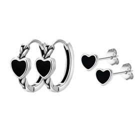 HinDaLi 2 Pairs 925 Sterling Silver Earrings for Ladies Girls Black Heart Earrings Silver Stud Earrings Silver Hoop Earrings Women Earrings Heart Stud Earrings Huggie Love Heart Hoop Earrings Silver