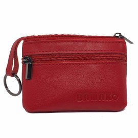 BAWAKO Genuine Leather Coin Purse, Small Coin Purse for Men and Women, with Two Compartments, Zip, Keyring, Mini Coin Purse Wallet, Purse, S, red, 10 cm * 7 cm, Classic
