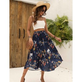 Zeagoo Skirts Women's Midi Length Elegant Skirt High Waist Maxi Skirt with Drawstring Plain Casual Skirt Wedding Cocktail Skirt, navy blue print