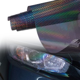 AuMoHall 1 Roll Black Holographic Laser Headlight Taillight Tint Honeycomb Graphic Chameleon Tail Light Lamp Cover Film Car DIY Self Adhesive Tint Film Sheet, 11.81'' x 78.74''