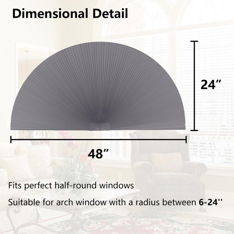 SEEYE Arch Window Blackout Shades, Pleated Fabric Blind (Radius: 24'')
