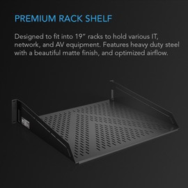 AC Infinity Vented Cantilever 2U Universal Rack Shelf, 16" Deep, for 19” Equipment Racks. Heavy-Duty 2.4mm Cold Rolled Steel, 100lbs Capacity.