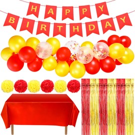 Halloscume 60 Pcs Red and Gold Birthday Party Decorations for Women 1 Happy Birthday Banner 2 Pcs Foil Backdrop 50 Pcs Balloons 6 Pcs Tissue Paper Pompoms 1 Tablecloth Princess Party Decor for Girls