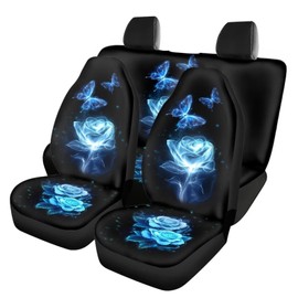 Xoenoiee Blue Butterfly Rose Floral Print Car Accessories Set, Car Seat Covers for Front and Rear Seat Full Set, Universal Fit Most Trucks Sedan SUV Van, 4 Packs