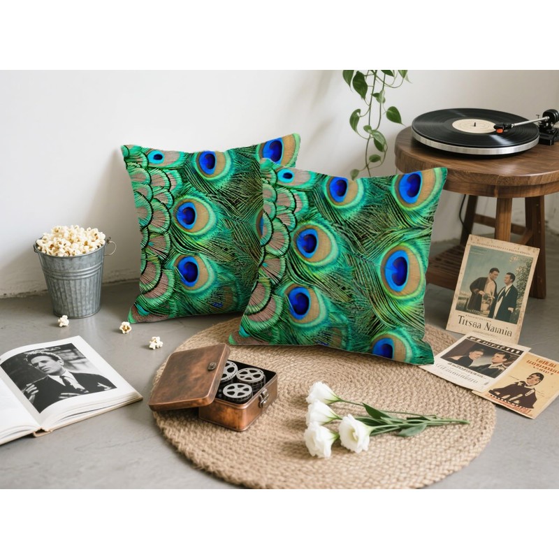 Doobicy 18X18 Inch Peacock Feather Throw Pillow Covers Set of