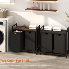 LAATOOREE Laundry Hamper, Two-Color 2 × 48L Laundry Basket with 2 Removable Laundry Sorter Bags and Top Shelf, Clothes Hamper for Laundry Room, Bathroom