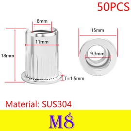 Qrity 50 PCS Rivet Nut, Stainless Steel Flat Head Threaded Insert Nutsert Kit, M8 Fasteners Nut