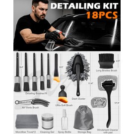 Viewmax Windshield Cleaner Tool, 18Pcs Car Interior Detailing Brush Set, Inside Windshield Cleaning Kit with 200g Cleaning Gel, Duster Brush, 2 Microfiber Pads, Car Detailing Supplies for Men (Gray)
