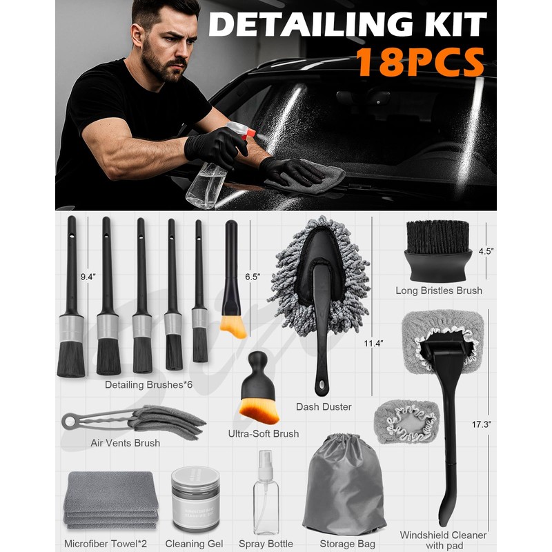 Viewmax Windshield Cleaner Tool, 18Pcs Car Interior Detailing Brush Set,
