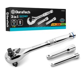 DURATECH Ratchet Set, 3-IN-1 Ratchet Handle, with 2 Extension Bars, 1/4", 3/8", 1/2" Drive Ratchet Wrench, 72-Tooth, Reversible Switch, Full-Polished Chrome Plating, Alloy Steel