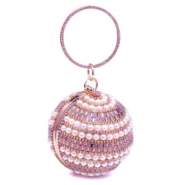 New Women's Rose Gold Sparkling Shiny Small Diamanti Crystal Clutch Bag Ideal For Wedding Prom Dinner Evening Party Event (Pearl Studded Ball)