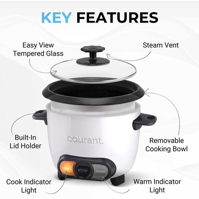 Courant Rice Cooker 8-Cup (Cooked), Removable Non-Stick Bowl, One Touch