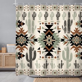 Newsely Western Shower Curtain 72Wx72H Inch Aztec Abstract Geometric Vintage Southwest Cactus Boho Tribal Geometric Ethnic Shower Curtain Bathroom Set Waterproof Bath Decoration Accessories Home Decor