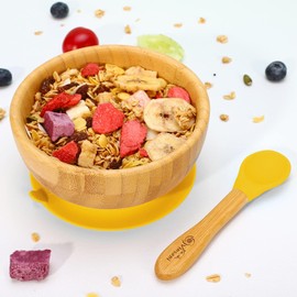 Vinsani Bamboo Bowl and Spoon Set for Baby/Toddler, Suction Plate, Stay-Put Design, Hypoallergenic and BPA-Free (Yellow)