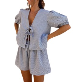Acrawnni Women Tie Front Pajamas Sets Y2k Puff Sleeve Tie Front Plaid Babydoll Shirts Shorts Sets 2 Piece Pj Matching Set Loungewear (C-Dark Blue, M)