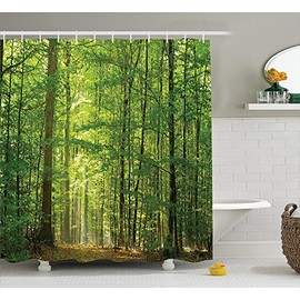 SRJ2018 Woodland Decor Shower Curtain Set Deciduous Forest in Summertime Foliage Sunlight Romantic Holidays Scenics Bathroom Accessories 180x180CM Green Yellow
