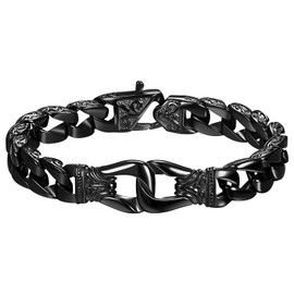 JewelryWe Handschellen Panzerkette Armband Herren: Schwarz Retro Totem Edelstahl Kubanische Kette Armkette Armreif mit Infinity Unendlichkeit Zeichen Schwer Kettenarmband Punk Biker Schmuck Geschenk