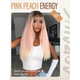 GORGIUS Straight Glueless Wig with Bangs Ombre Peach Pink Layered Hair Ready-to-Go Synthetic Bang Wigs with Realistic Scalp 24 Inch
