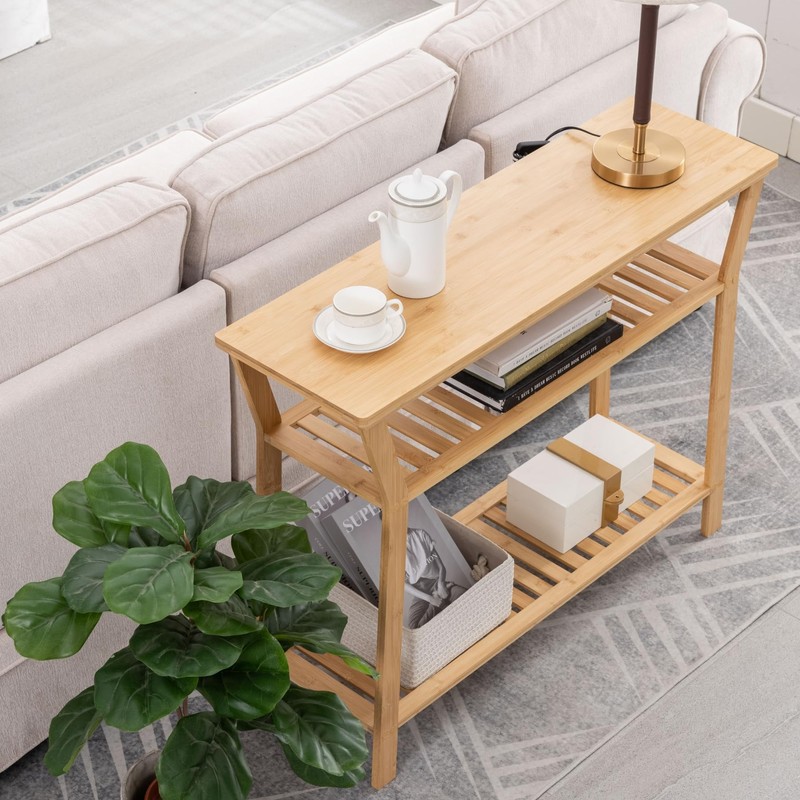 Nnewvante Bamboo Console Table Behind Couch, Entryway Table with Shelves,