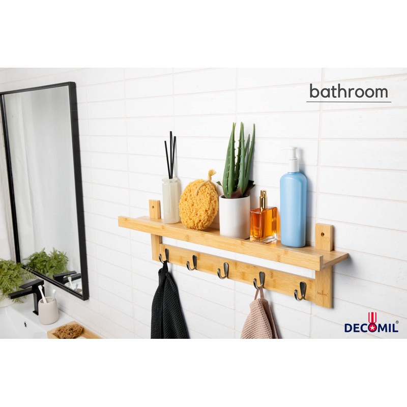 DECOMIL Bamboo Coat Rack with Shelf, Wall Mount Coat Hanger