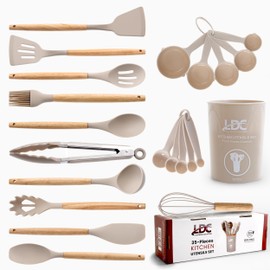 LUX Decor 35 PCS Kitchen Utensils Set with Holder, Silicone Non-Stick and Heat Resistant Cooking Spatula Set with Wooden Handles - Kitchen Essentials Tools and Gadgets (Khaki)