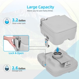 YITAHOME Portable Toilet 2.6 Gallon Camping RV Potty, Double Water Outlet, Press Flush Pump, for Travel, Boating, Hiking, Trips,Gray