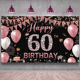 ACEmedia 60th Birthday Decorations Backdrop Banner for Women, Happy 60th Birthday Decoration Women, Rose Gold 60 Year Old Birthday Party Backdrop, 60th Birthday Themes Photo Props Fabric