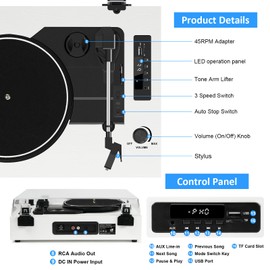 VinylsLink Record Player Bluetooth with Bulit-in Speaker Vintage Record Player with USB Recording EQ Mode Support Belt-Driven 3-Speed Turntable AUX-in RCA Out, White Wood