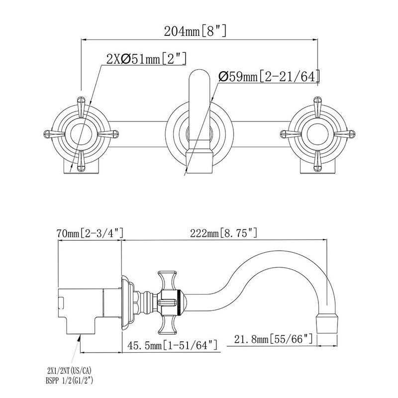 SITGES Wall Faucet,Two Handle Bathroom Sink Wall Mount Faucet with