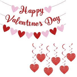 9 Pcs Valentines Decorations Bunting, Happy Galentines Day Garland, Glitter Heart Bunting Happy Valentines Day Banner, Anniversary Galentines Decorations Party Decor
